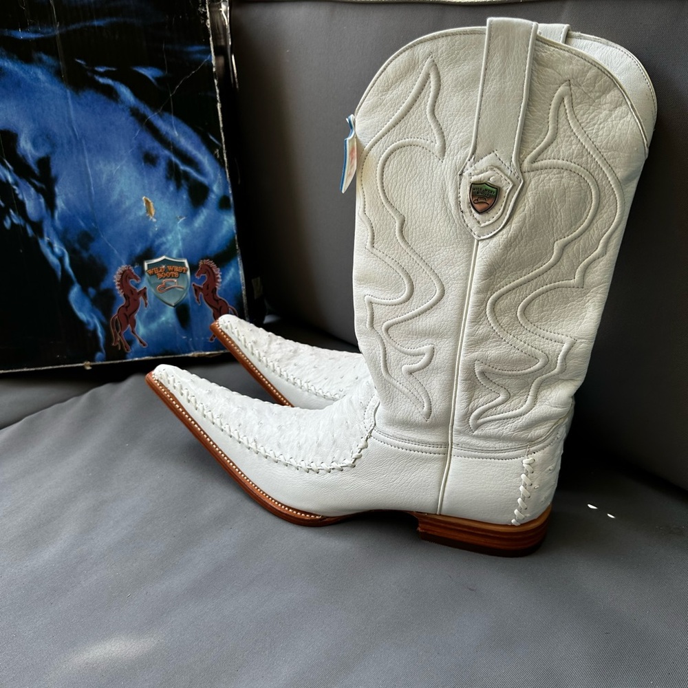 wild west boots leather 10 1/2 genuine ostrich new white cowboy